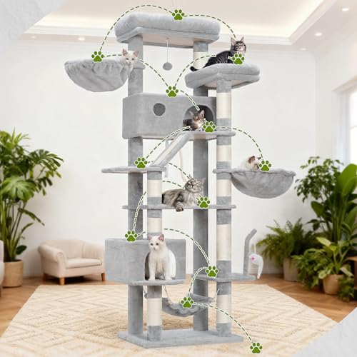 Image of Gitelsnour Tall Cat Tree Tower for for Multiple Cats, Large Condo, GCT031W | 78.7 inch(200cm) Multi-level Scratching Post for Indoor Large Adult, 2 Condo, 4 Platforms, 3 Hammock, Sisal Rope, Toys Light Gray