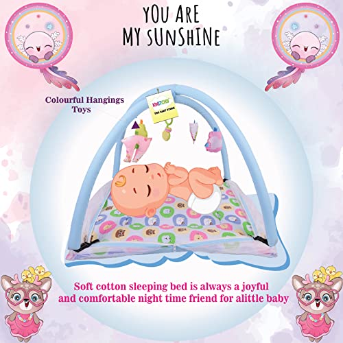 Image of Kwitchy Baby Bedding Set New Born Baby Bed | Mattress | Mosquito Net | Play Gym | Playmats | Floor Gym | Cotton | Infants | Gift Pack | Bed with Hanging Toys (0-6 Months) Blue