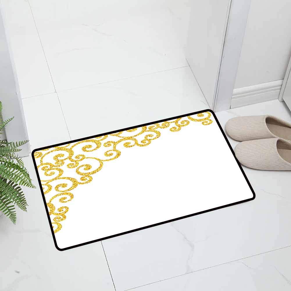 Gold and White Indoor Outdoor Non Slip Door Mat Kitchen Floor Mat Side Frame of Floral Ivy Round Swirl Antique Victorian Details Easy to Clean, 47 x 31.5 inch Yellow White