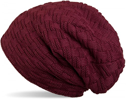 styleBREAKER Feinstrick Longbeanie Mütze mit Flecht Muster und warmem Fleece Innenfutter | Winter Strickmütze Unisex elastisch weich bequem warm, Farbe:Bordeaux-Violett