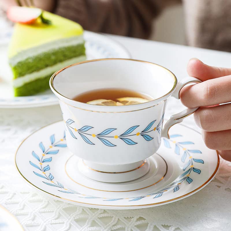 Porcelanowe filiżanki do kawy, filiżanki i filiżanki, 150 ml zestaw filiżanek do kawy, zestaw porcelanowych filiżanek do herbaty ze spodkiem, wzór liści, złota krawędź, ceramiczny kubek, elegancka