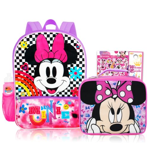 Disney Minnie Mouse Conjunto de mochila e lancheira – 41 cm com bolsos com zíper, lancheira, adesivos e mais materiais escolares | Conjunto de mochila Minnie
