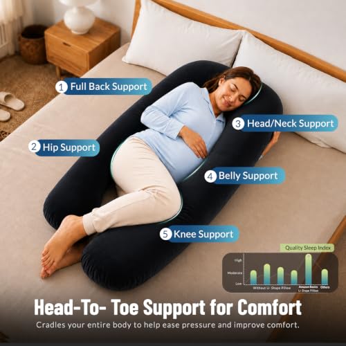 Image of Amazon Basics Full Body Pregnancy Pillow for Maternity,Baby Nursing,Full Body Support-Abdomen,Hip,Spine,Neck&Leg Support Cushion| Perfect Baby Shower Gift | U-Shaped-Washable Cover with Zip - Black