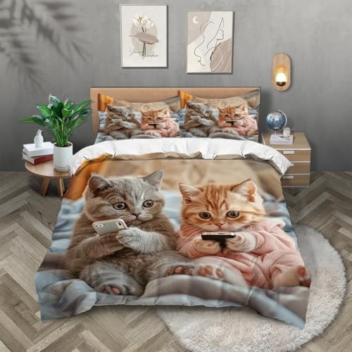 TKCQX Housse de Couette Chat Mignon Housse de Couette 90x190 Enfant Garçon Fille Adulte Animal Chat Impression Parure de Lit 1 Personne en Microfibre avec Taie...