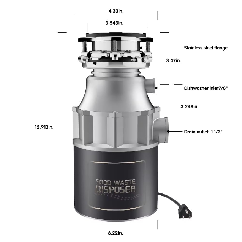 Triturador de residuos de basura de cocina, 1200 ml, eliminación rutinaria de residuos de alimentos con reducción de sonido, sistema de molienda de residuos de alimentos de acero inoxidable con cable