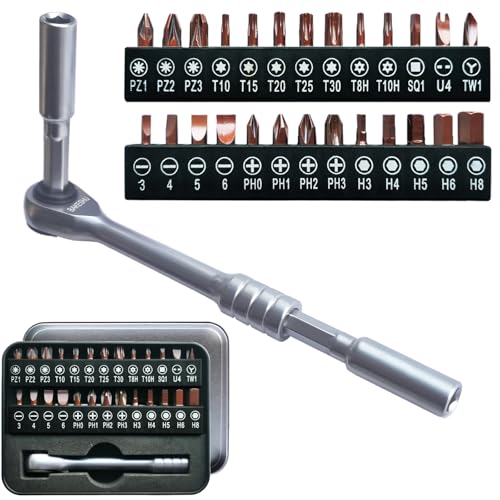 BAKESHU 29 in 1 Mini Ratchet Screwdriver Set, Right Angle Screwdriver,Short Offset Screwdrivers with Phillips, Flat, Torx, Hex, Square,Pozidriv S2-Alloy Steel Bits