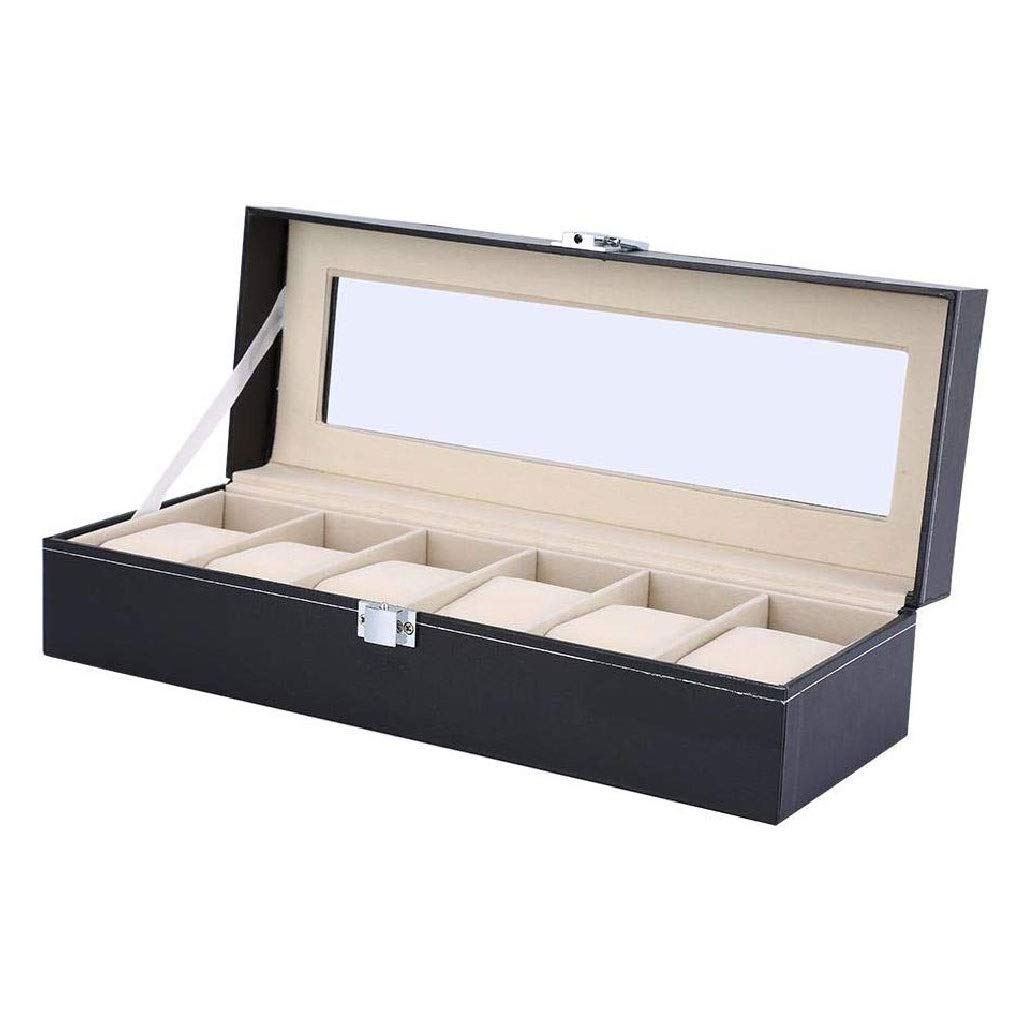 XBTGS Joyero con 6 ranuras, caja de almacenamiento para relojes con tapa de cristal como regalo, con forro de terciopelo, cojines y cerradura