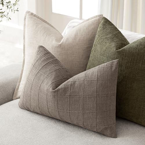 Image of Foindtower Set of 1 Decorative Linen Check Throw Pillow Cover Neutral Farmhouse Lumbar Cushion Cover Modern Boho Home Decor for Sofa Chair Couch Bedroom Living Room,12x20 Inch,Tan Taupe