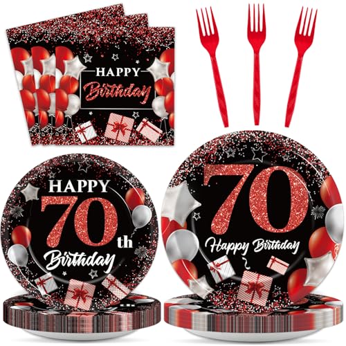 Image of gisgfim 96 Pcs 70th Birthday Plates and Napkins Party Supplies 70 Years Old Party Tableware Set Red Black Dinner Dessert Plates 70th Birthday Decorations Favors for Man Women for 24 Guests