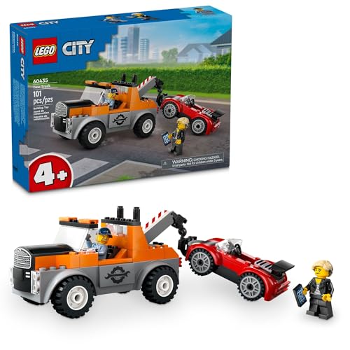 LEGO City Tow Truck and Sports Car Repair Building Set, Kids Gift Idea with 2 Minifigures and Accessories Including a Cochlear Implant, Pretend Play Tow Truck Toy for Boys & Girls Ages 4 and Up, 60435