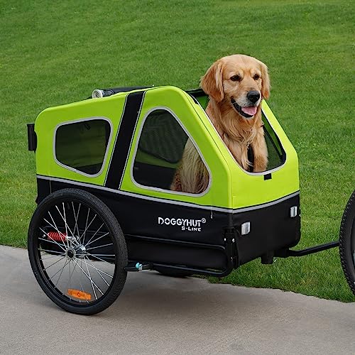 Doggyhut S-Line XL Hundeanhänger & Hundebuggy mit Federung 2 in 1 Hunde Fahrradanhänger Jogger gefedert bis 45 kg (Grün/Schwarz)
