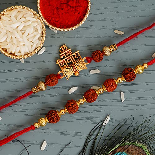 Image of eCraftIndia Set of 2 Golden & Brown Om Namah Shivay with Damru and Rudraksha Religious Rakhis, Best Bro Ever Fridge Magnet with Roli Chawal Pack - Rakhi for Brother, Bhaiya, Bhai