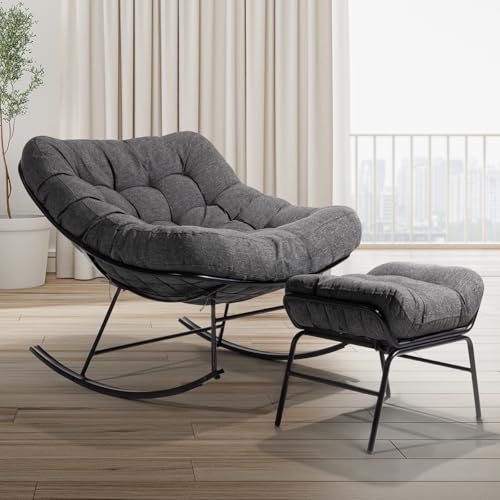 Image of Bme Patio Rocking Chair Outdoor & Indoor, Metal Patio Lounge Rocking Chair with Thick Cushion, Comfy Modern Rocker Chair for Living Room, Porch, Backyard, Grey Cushion - Black Matte Rocker