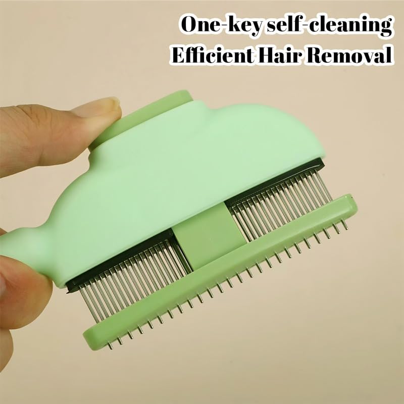 Pet Grooming Brush and Comb Set, Self-Cleaning one-key Button, Dual-Density Teeth Stainless Steel Comb for Cats and Dogs, Green