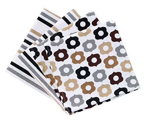 T-Fal Textiles 4 Pack 100% Cotton Print Dual Kitchen Dish Cloth, Stripe/Bulb Neutral