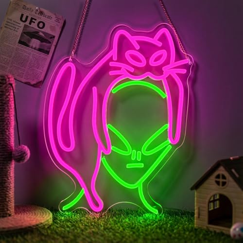 Image of Alien Cat Neon Sign,Dimmable LED Neon Signs for Wall Decor,USB Powered Alien Neon Light for Bedroom, Game Room, Bar,Aesthetic Alien Cat Lover Decor