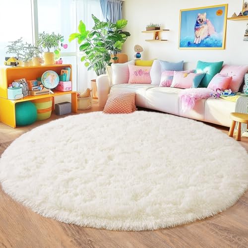 6‘x6’ Cream Round Rugs for Girls Bedroom, Ultra Soft Fluffy Circle Rug for Kids Room, Cute Shag Rugs for Living Room Playroom Tent Castle Home Decor Rug