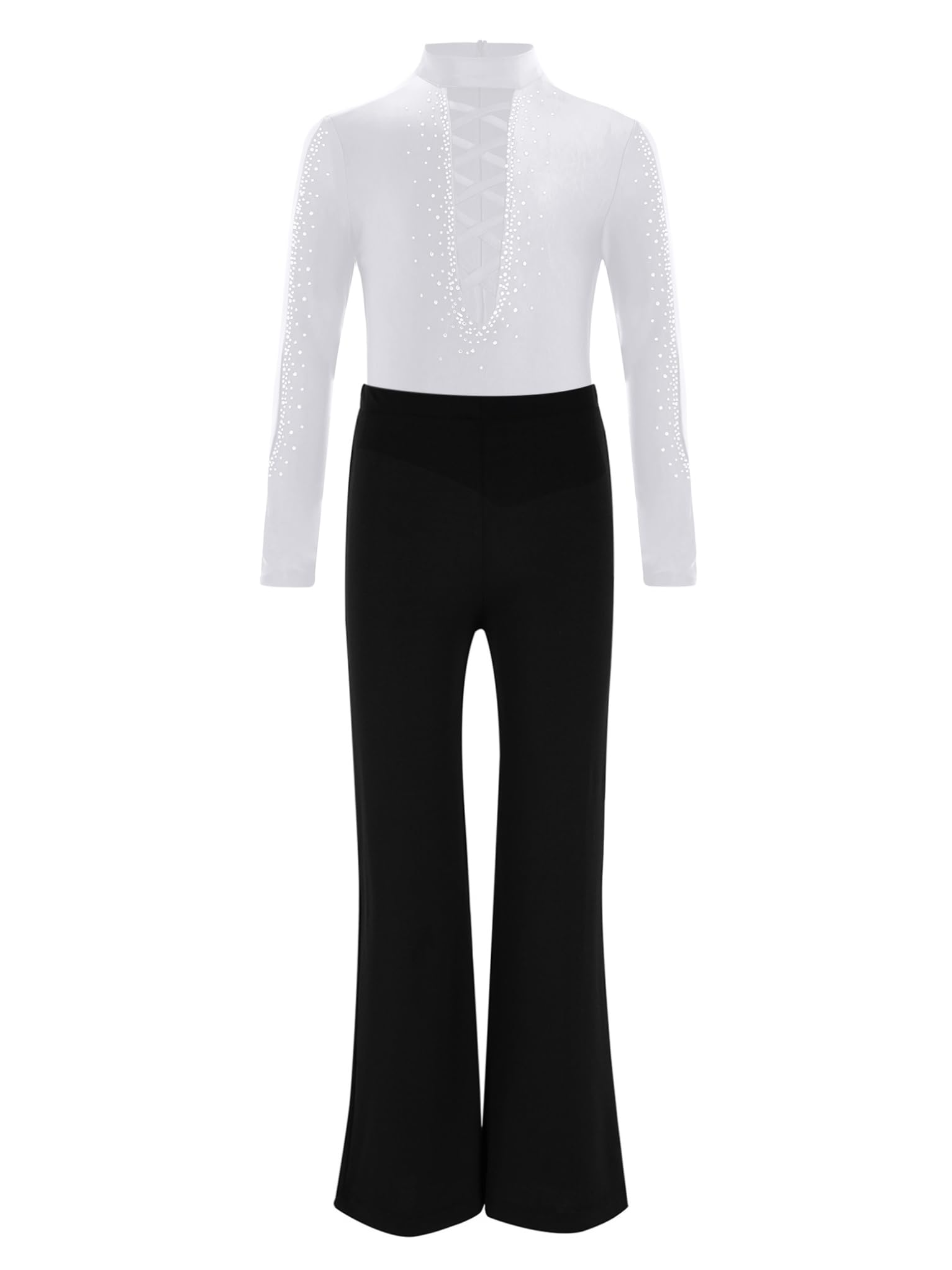 2 Pezzi Completo da Ballo Latino Americano per Bambino Bodysuit da Balletto con Strass e Pantaloni Scampanati Vestito da Ballo Valzer Samba Rumba Dancewear