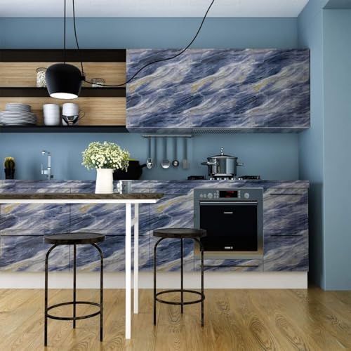 Image of VOLITO Self Adhesive Marble Wallpaper Kitchen Wallpaper Oil Proof & Waterproof Wallpaper for Cabinet Makeover, Almirah, Plastic & Tabletop, Wardrobe (60x200cm) (V-New Blue Waves)