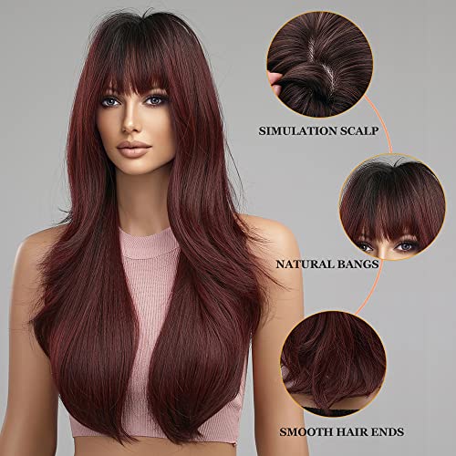 Esmee Long Ombre Red Wigs for Women Natuaral Synthetic Wavy Curly Hair Burgundy Wig with Fringe for Daily Party Cosplay Use-24 Inches - Image 3