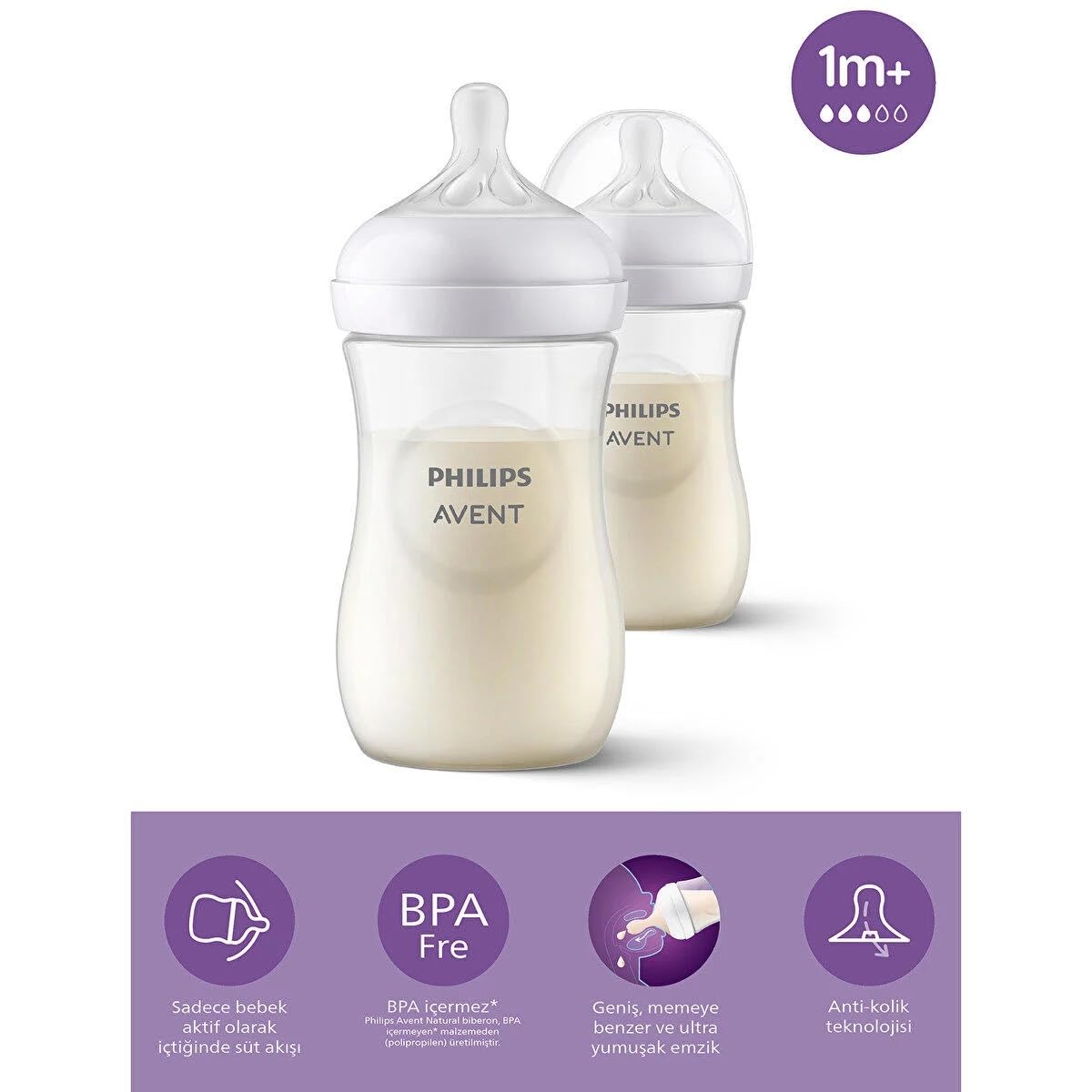 Philips Avent Doğal Tepkili 2'li PP Biberon Seti, 260ml, 3-6 Ay, Beyaz