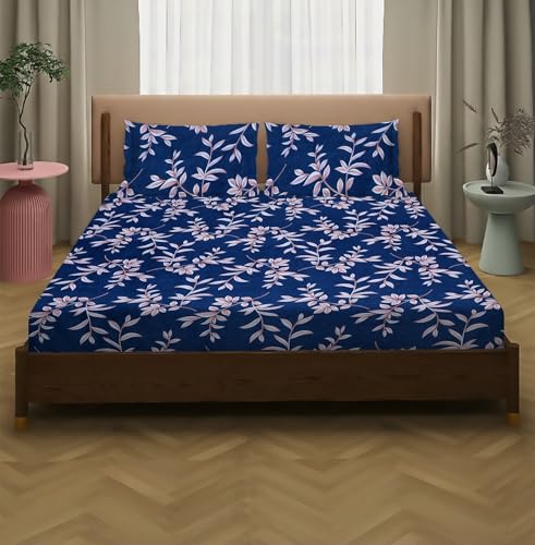 Image of la' amour Cotton Flat Double Bedsheets with 2 King Size Pillow Covers | Double Bed Breathable | Wrinklefree | Ultrasoft 180-220 tc Supersoft Floral | 90x90 Inches, Navy Blue White