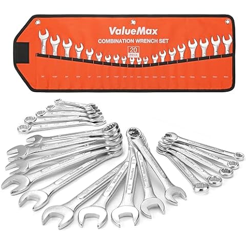 ValueMax Mechanics Wrench Set Metric and Standard, 20PCS Complete Combination Wrenches Roll Set. SAE 1/4" to 3/4", Metric 6mm to 18mm, Full Wrench Set with Roll up Pouch Cover