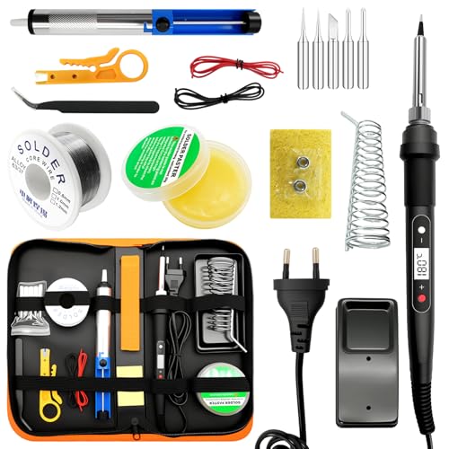 100W Lötkolben-Set – LCD-Temperaturregelung von 180°-520°C, 16-in-1 Lötkolben Lötset mit 50g Lötzinn, 5 Lötspitzen, Entlötpumpe, Lötständer, Zange – Ideal für Elektroinstallationen, Elektronikreparat