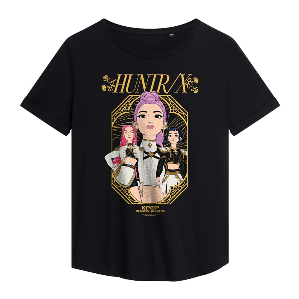 Kpop Demon Hunters Huntrix Golden Frame Ladies Fashion T Shirt, Black, Medium
