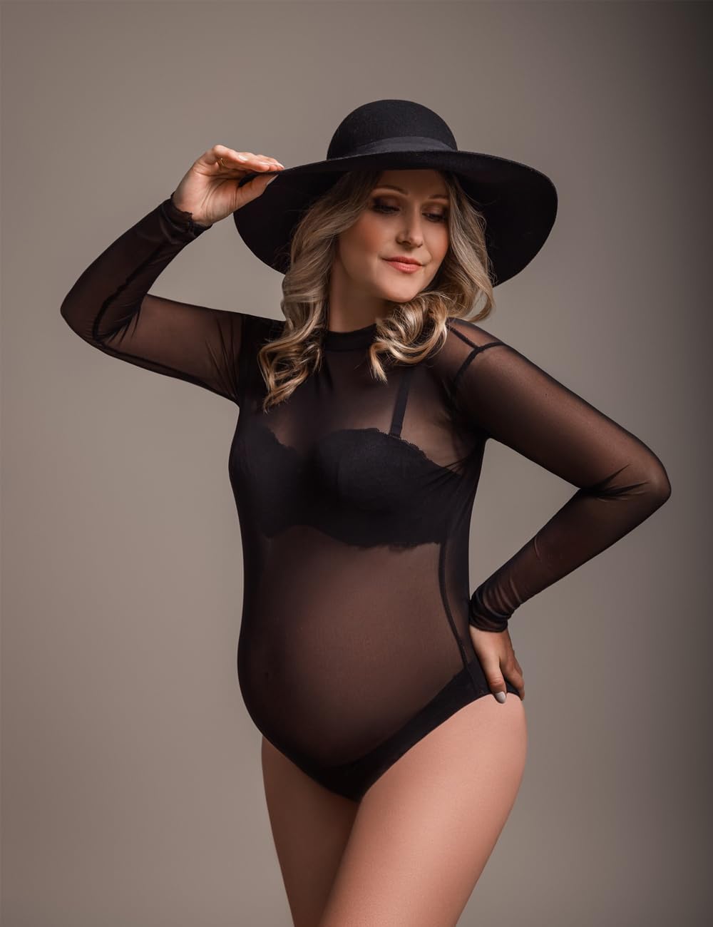 JustVH Maternity Bodysuit for Photoshoot Long Sleeve Sheer Mesh Pregnancy Bodysuit Maternity Photography Outfits - Image 4
