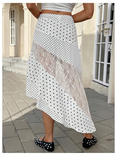 MakeMeChic Women's Fall Midi Skirts Boho Floral Lace Polka Dots Asymmetrical Ruffle Skirt2