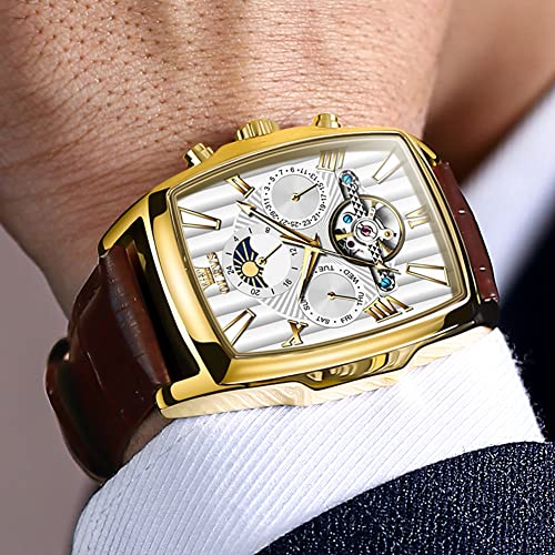 Image of OLEVS Mechanical Dress Mens Watches Square Brown Leather Strap Moon Phase Skeleton Tourbillion Day Date Waterproof Luminous Men's Wrist Watches