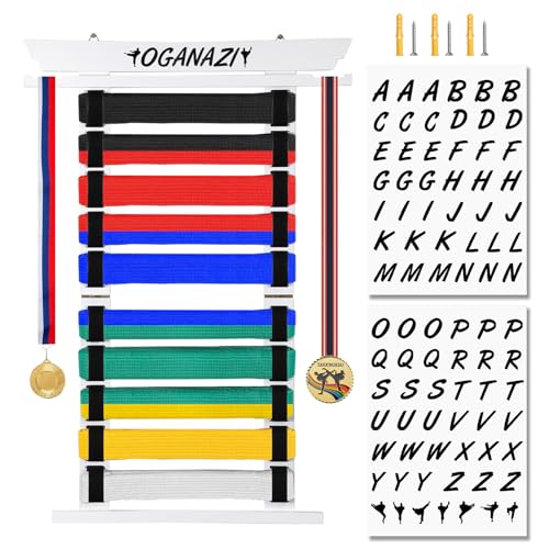 Expositor de 10 cinturones de karate y taekwondo en bambú y fieltro blanco para pared
