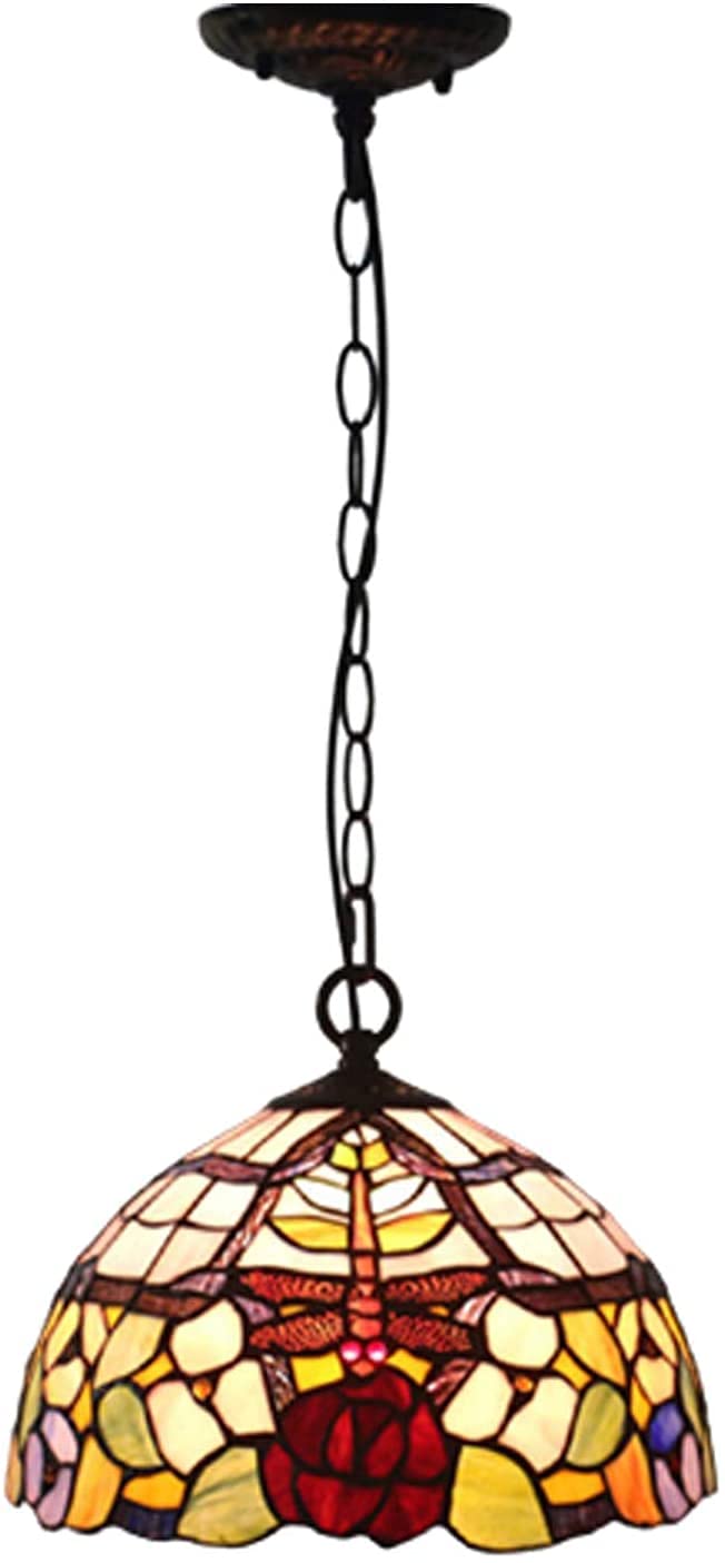 HJRegaFimu Dragonfly Pendant Light Handmade Vintage Stained Glass Ceiling Lamp Chandelier For Dining Room Balcony E27 30cm (e)