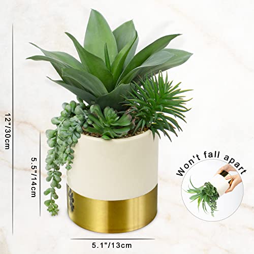 Hollyone 30CM Artificial Succulent Plants, 12" Fake Maguey with Succulents in Gold Ceramic Pot - Image 2