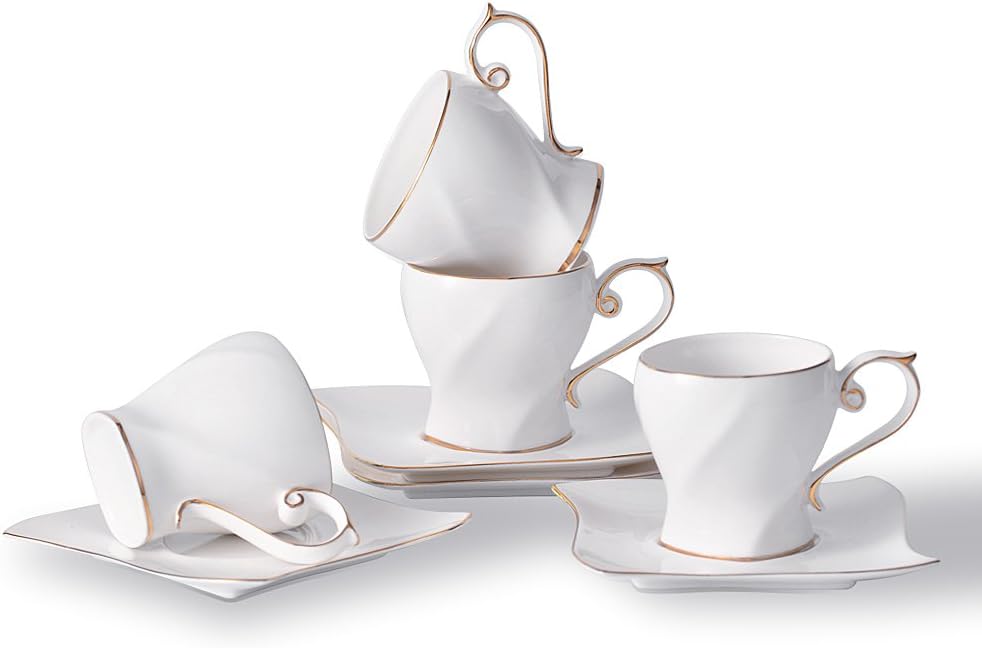 Espresso Cups set of 4, Porcelain Coffee Cups and Saucers set, Tea Cups and Saucers, Ceramics Coffee Mug - 6 Ounce Porcelain Tea set for Office and Home, Latte, Cafe Mocha and Tea