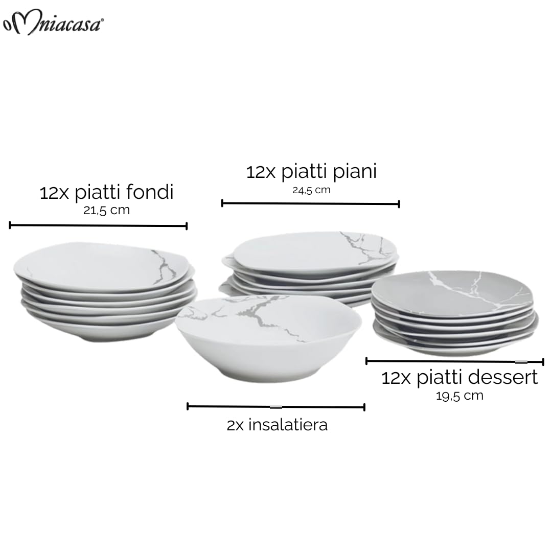 Servizio Piatti 38 Pezzi Per 12 Persone | Resistente Porcellana Bianca e Grigia Design Moderno Marmorizzato Elegante Raffinato | Uso Quotidiano, Occasioni Speciali, Lavabile in Lavastoviglie