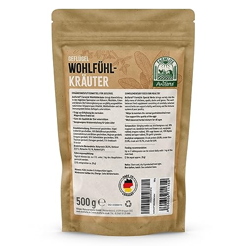 AniForte Wohlfühlkräuter für Hühner 500 g - Natürliche Kräuter für Geflügel unterstützen Immunsystem & Verdauung, Leckerchen für Hühner jeden Alters, mehr Vitalität