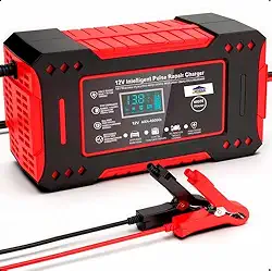 Carregador de Bateria Inteligente 12V Bivolt com Display Digital – Para Carro, Moto e Caminhão | Linha Premium com Proteção contra Superaquecimento, Sobrecarga e Curto-Circuito (Vermelho)