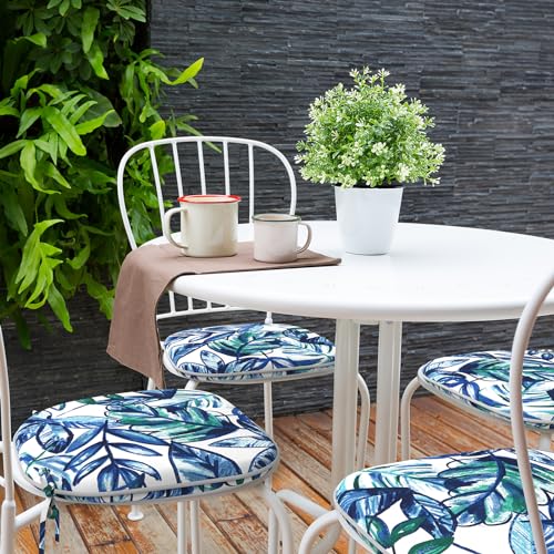TWLEAR Indoor/Outdoor Chair Cushions 16x17 Inch, Patio Chair Cushions with Ties, All Weather Seat Cushions for Patio Furniture Home Garden Chair Use, Set of 2, Leaves Ink Blue