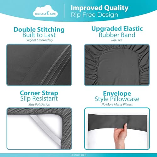 Image of DREAMCARE Twin XL Sheet Sets - 3 pcs Breathable Cooling Sheets - up to 15 inch Deep Pocket Twin XL Sheets Set with Side Pockets - Extra Soft 100% Brushed Hypoallergenic Hotel Luxury Bedding - Dark Gray