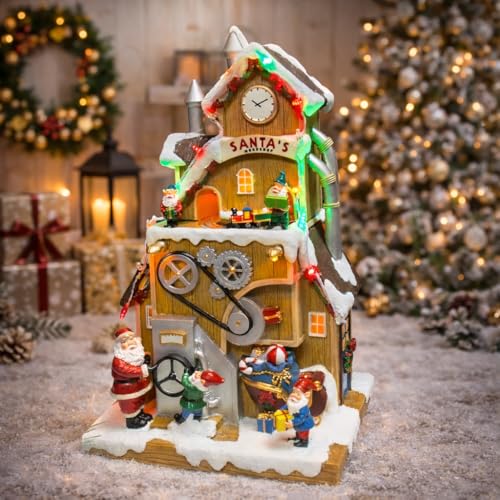 Santa’s Workshop Animated Christmas Village Moments in Time LED Lights, Music & Moving Scene Hand-Painted Polyresin Holiday Building with Adapter Christmas Home Décor Collectible - Image 4
