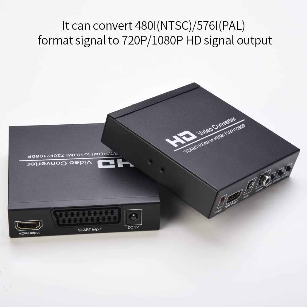HUIOP Obsługa konwertera wideo SCART / HD na HD przełącznik 720P/1080P przełącznik PAL/NTSC wejście SCART HD 3,5 mm wyjście koncentryczne audio, konwerter wideo