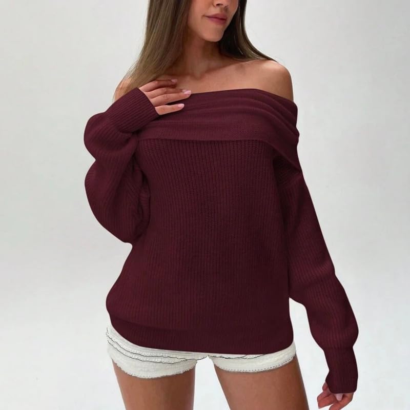 Image of Women Off The Shoulder Sweater Long Sleeve Ribbed Knit Top Y2k Pullover Sweaters Fall Going Out Streetwear