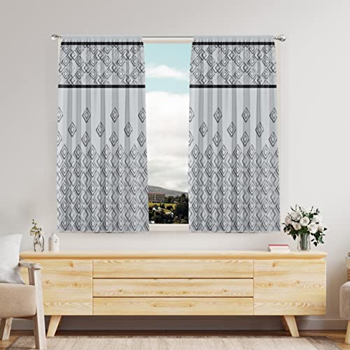 Image of @home by Nilkamal Grace Jacquard Diamond Window Curtains for Bedroom and Living Room - 2 Panels - Black (Each 63L x 44W, Inch)