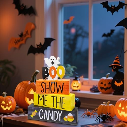 Image of 4 Pcs Halloween Wooden Decor, Show Me the Candy Decorations