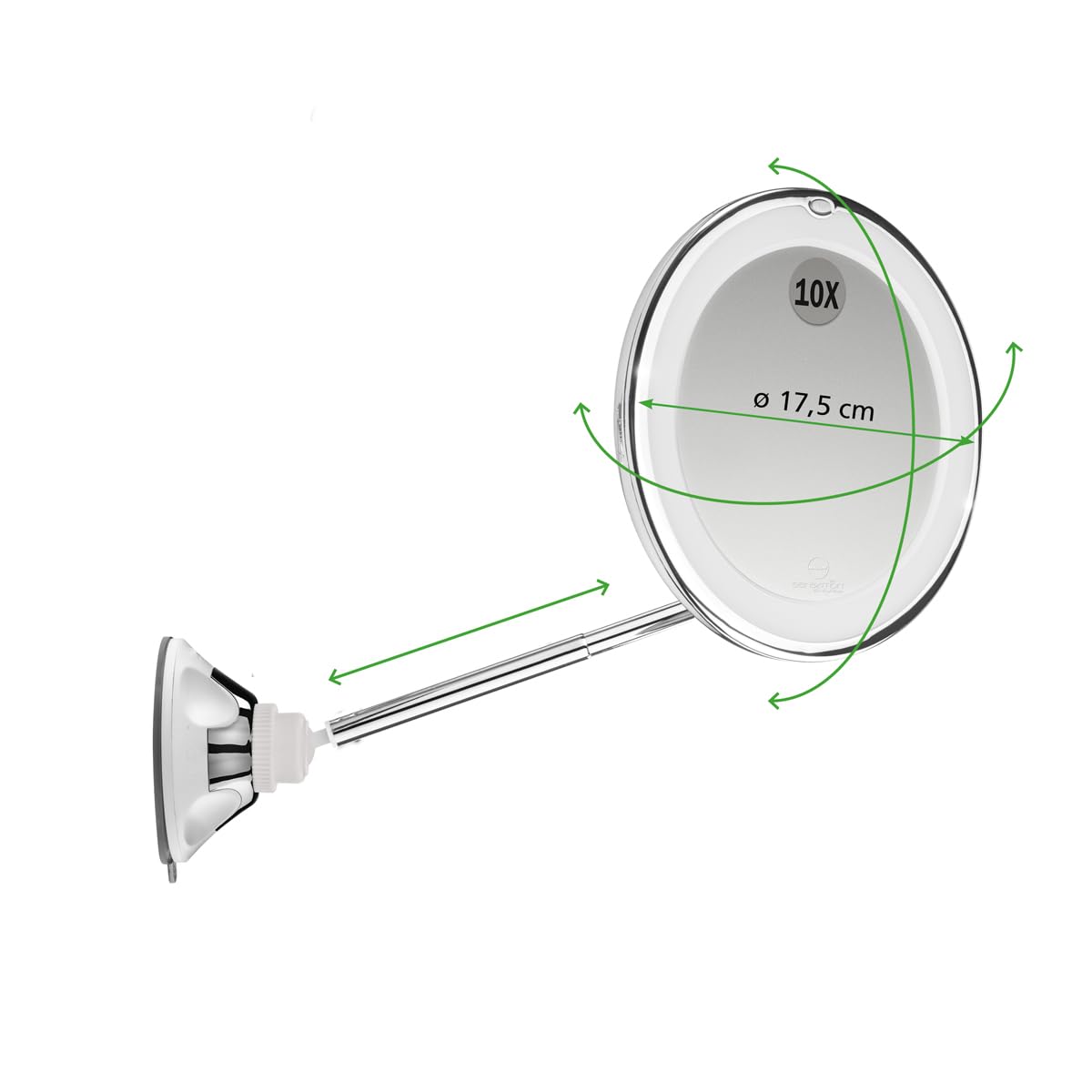 MACOM, Specchio Cosmetico con Asta Telescopica Brevettata, Doppio Snodo, Ingrandimento 10x, 18 Luci LED e Ventosa a Ghiera Orientabile a 360°, Salvaspazio, Sensation 229 New Perfect Mirror