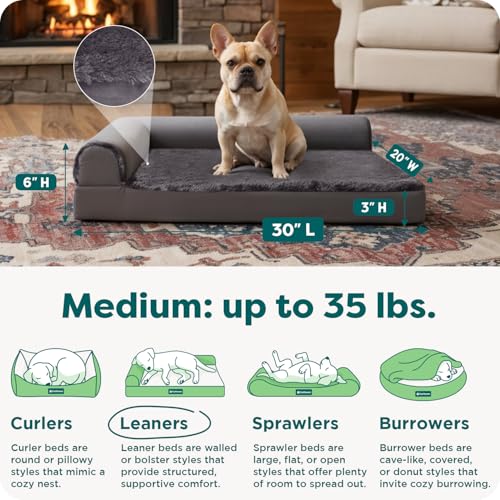 Image of FurHaven Orthopedic Dog Bed for Medium Dogs, L-Shaped Chaise Mattress with Orthopedic Egg Crate & a Solid Orthopedic Foam Base for Joint Support, Washable Cover, Medium, Plush & Velvet, Platinum Gray