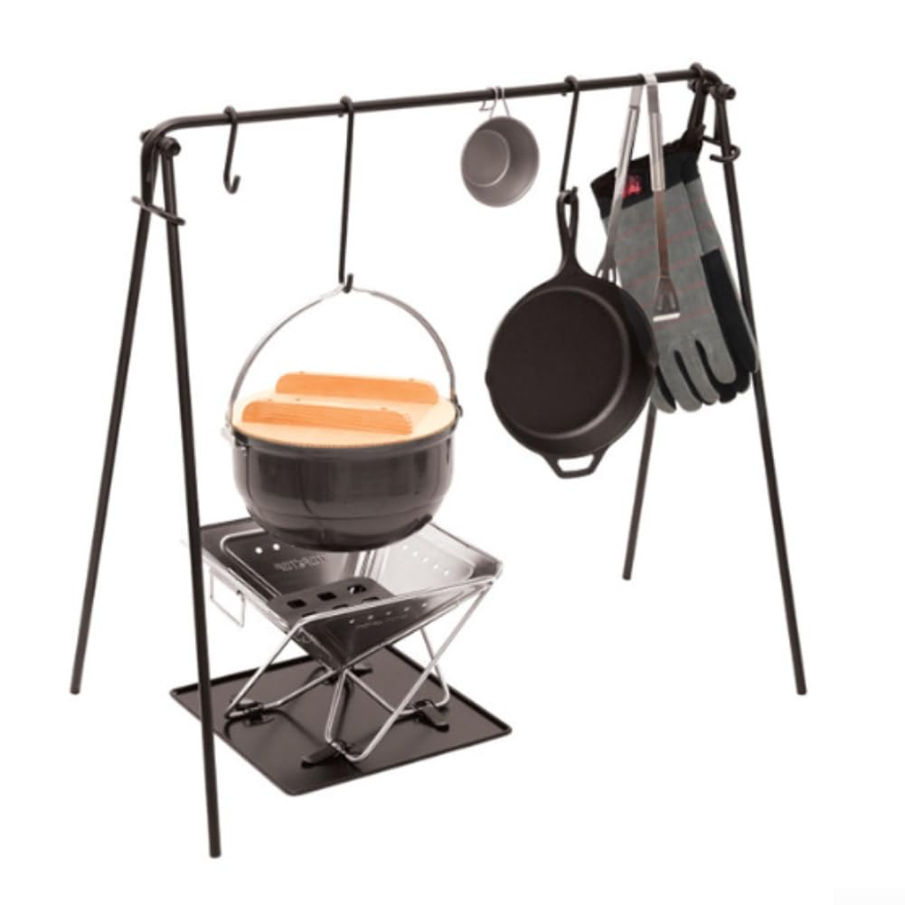 Besttoolifes Treppiede per griglia da campeggio, supporto in ferro nero | Altezza regolabile, ganci in acciaio inox 304, pieghevoli per escursioni all'aperto, accessori da cucina per barbecue