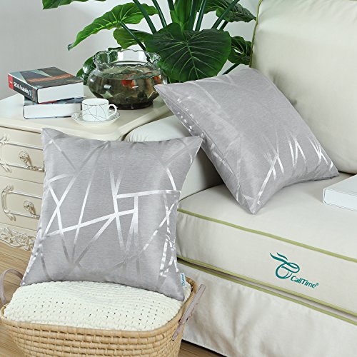 Calitime DSC0357G40-DOUBLE Pack Of 2 Throw Pillow Covers Cases For Couch Sofa Home Decor Modern Shining & Dull Contrast Triangles Abstract Lines Geometric 16 X 16 Inches Silver Gray thumb #3